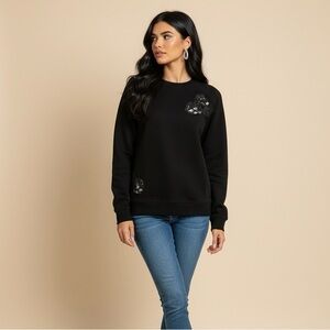 Black Crew Neck Sweater with Floral Accents